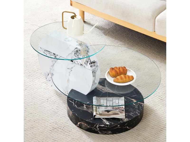 Table basse double niveau en verre de sécurité design à plusieurs niveaux structure porteuse en mdf effet marbre noir et blanc plusieurs variantes de couleur  - Conforama B