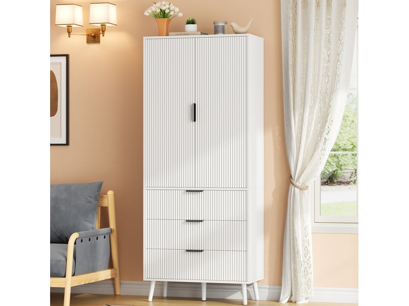 Buffet de cuisine haut avec 2 portes, 3 tiroirs et étagères réglables en mdf blanc pour cuisine 75 × 35 × 180 cm - Conforama D