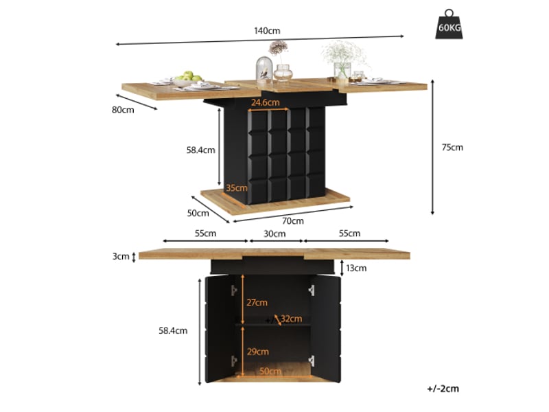  Table à manger 110-140 × 80 cm, table de cuisine pliante pour 4 à 6 personnes, noir  - Conforama C