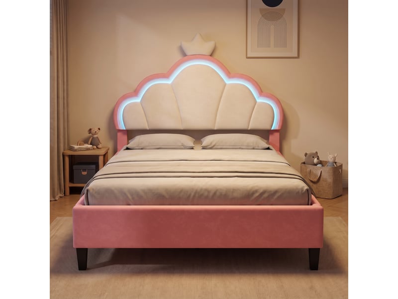  Lit enfant simple 140x200 cm avec éclairage led, tête de lit réglable et sommier, lit capitonné en velours, style princesse, rose et blanc  - Conforama B