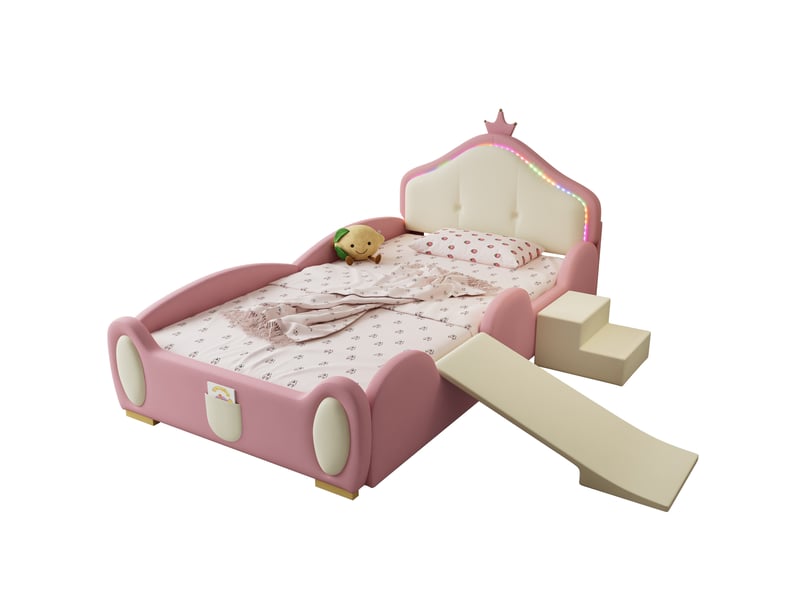  Lit enfant rembourré couronne avec toboggan et led, 90x200 cm, rose et beige  - Conforama A