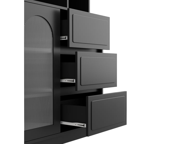  Buffet de cuisine haut noir en mdf 106x30x175 cm, 6 portes, 3 tiroirs, portes acryliques cintrées et led  - Conforama R