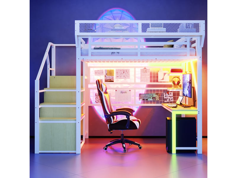 Lit mezzanine en métal 140 x 200 cm - avec bureau - avec échelle de sécurité - avec éclairage led - avec prise électrique - blanc (matelas non inclus)  - Conforama D