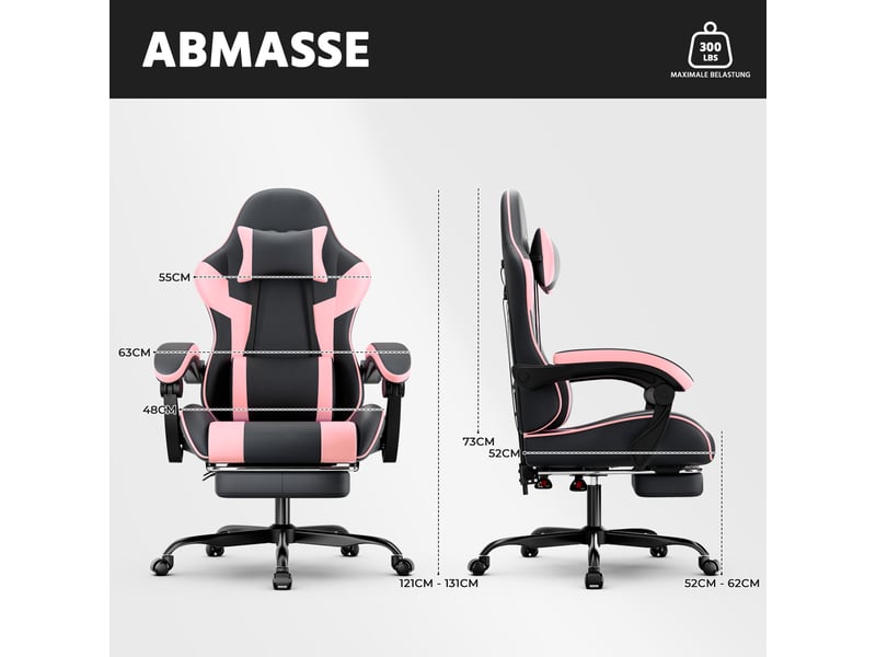  Fauteuil gaming ergonomique noir rose cuir pu respirant réglable hauteur dossier charge max 200kg  - Conforama C