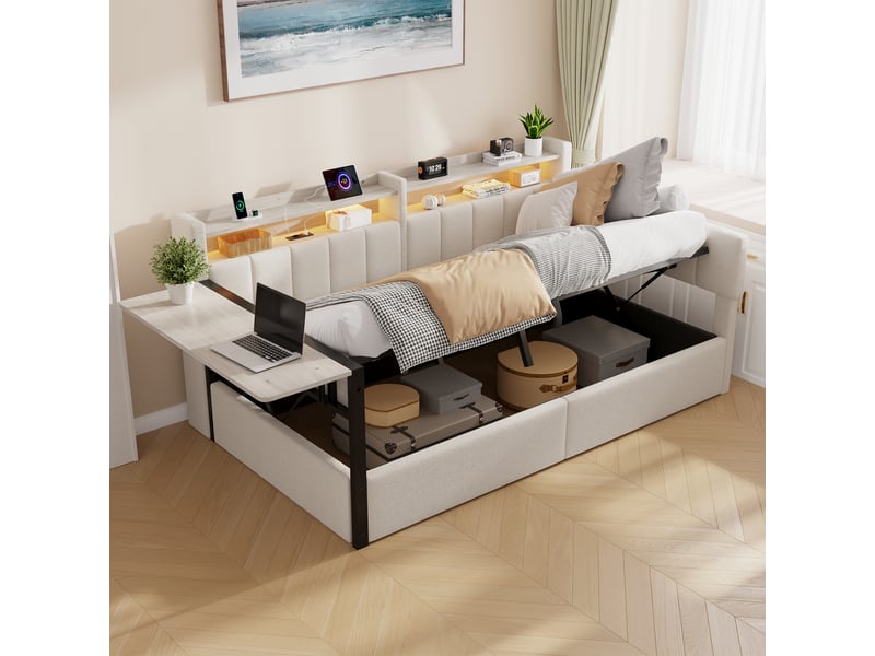 Lit coffre banquette 90x200 cm, lit hydraulique rembourré, table rabattable, tête de lit rangement, led, usb-c, velours (sans matelas), blanc CozyNest - Conforama E