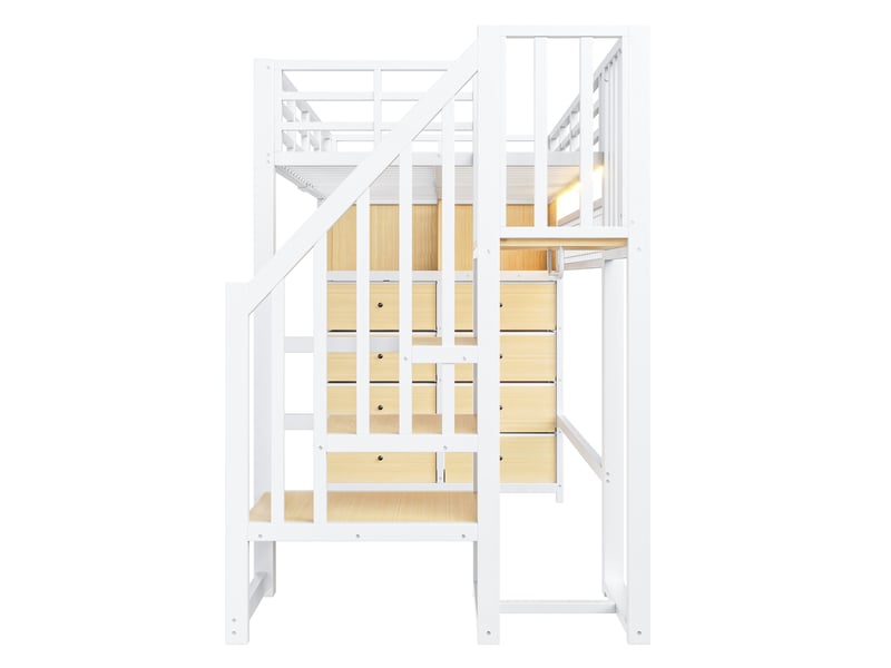  Haut lit 90x200 cmavec 8 tiroirs, led, rangements, escalier intégré, garde-corps, métal mdf, blanc sans matelas  - Conforama E
