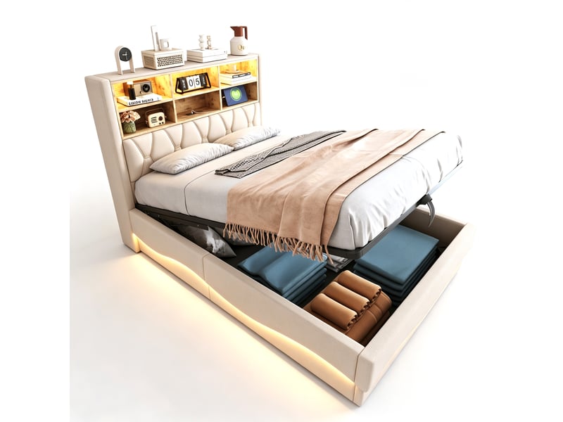  Lit double 140 × 200 cm avec coffre hydraulique, led connectée, port usb et sommier métal pour chambre beige  - Conforama A