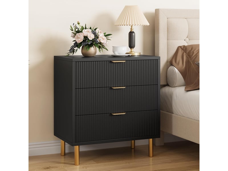  Commode 3 tiroirs cannelée moderne, meuble de rangement finition grain de bois, poignées dorées, pieds métal, 71 x 43 x 76 cm，noire PHO_0ZGJI366 - Conforama E