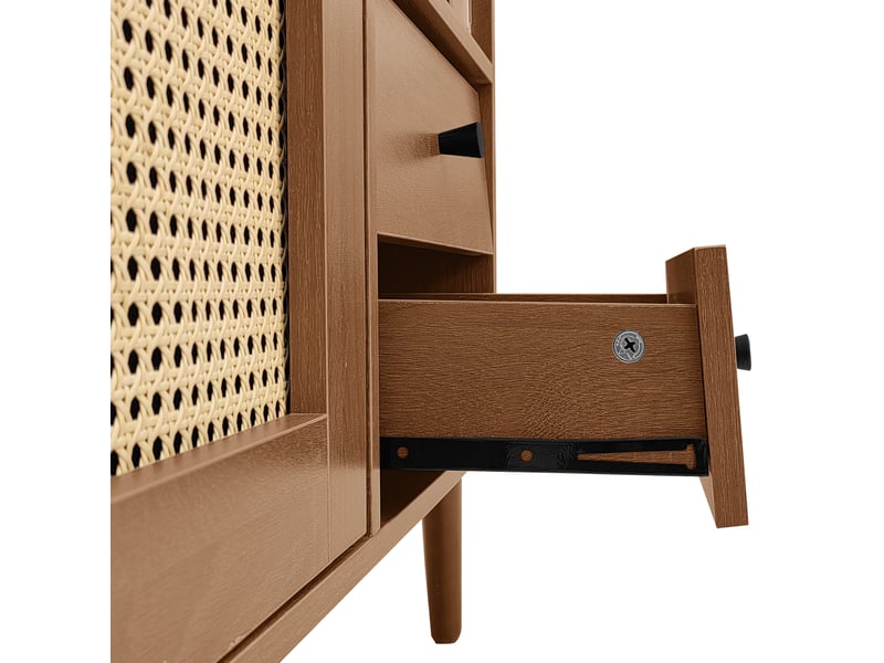  Buffet bas 130 x 40 x 75,5 cm bois, style campagne avec portes en rotin et 3 tiroirs, rangement fermé  - Conforama E