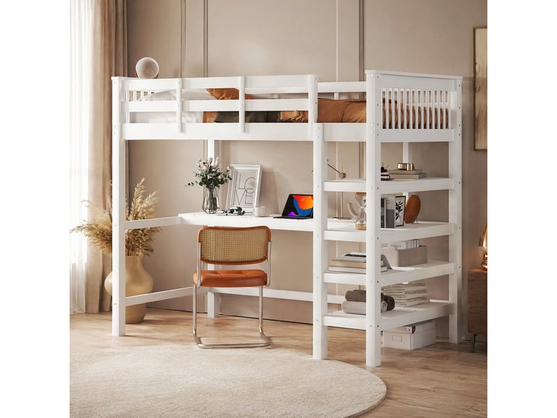  Lit mezzanine enfant 90x200 cm avec bureau et étagères blanc  - Conforama B