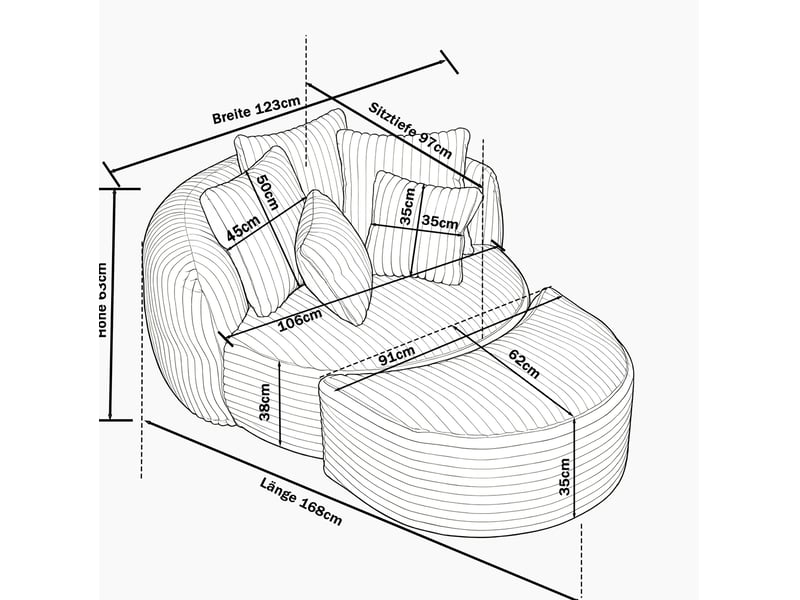 Fauteuil avec pouf rond 2 places, dossier enveloppant et 5 coussins en chenille vert émeraude - Conforama C