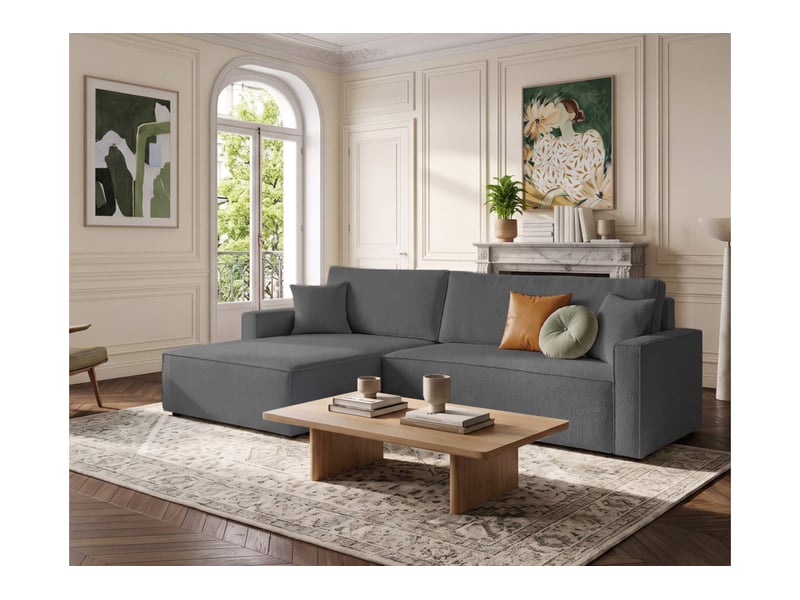  Farah - canapé d'angle max réversible et convertible 5 places accoudoirs slim en tissu bouclettes texturées  - Conforama B