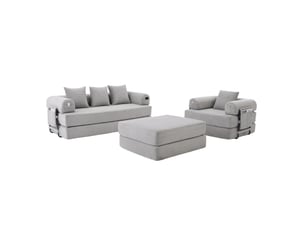 Canapé modulable 4 places en velours côtelé gris clair 200 x 190 x 67 cm avec pouf, poches latérales et coussins