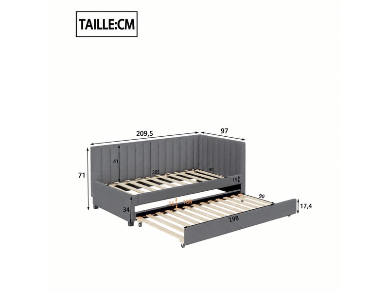  Lit gigogne rembourré 90 x 200 cm avec sommier à lattes, velours gris, lit inférieur coulissant  - Conforama C