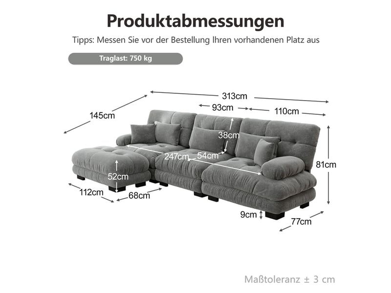  Canapé-lit modulable d’angle 3 places avec ottomans mobiles en chenille gris - 313 x 145 x 81 cm  - Conforama E