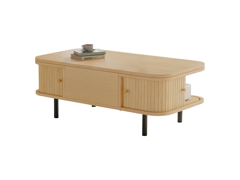 Table basse rectangulaire 101 cm avec rangements, plateau relevable, coffre intégré, 2 portes à rideau, mdf et pieds métalliques, décor bois clair Luxe haut de gamme - Conforama A