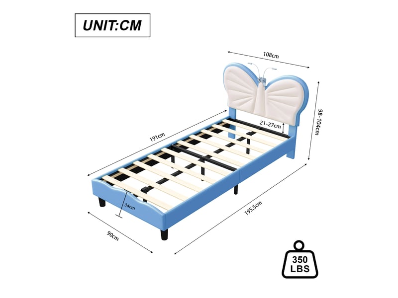 Lit enfant 90x190 cm, lit rembourré en velours bleu et blanc en forme de papillon avec liseuses led intégrées, tête de lit réglable en hauteur - Conforama C