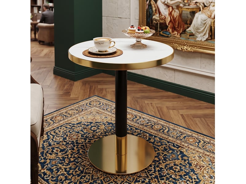  Guéridon rond 60 cm en mdf effet marbre blanc, métal noir et doré, hauteur 74 cm  - Conforama D
