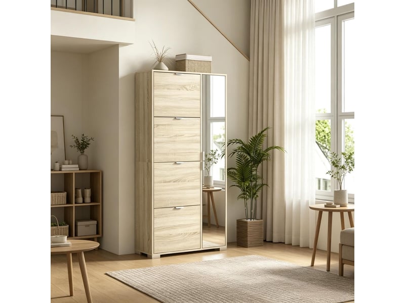 Armoire à chaussures 4 portes abattantes 2 compartiments fermés façades miroir capacité de 16 paires - Conforama B