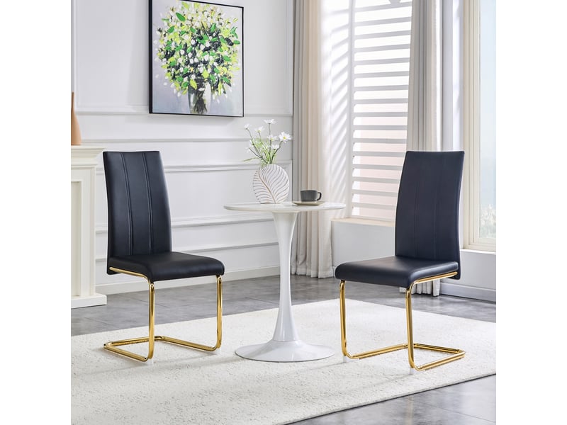  Lot de 4 chaises de salle à manger 41.5x42.5x99cm – chaises cantilever modernes à dossier haut avec métal doré chromé – simili cuir - noir  - Conforama E
