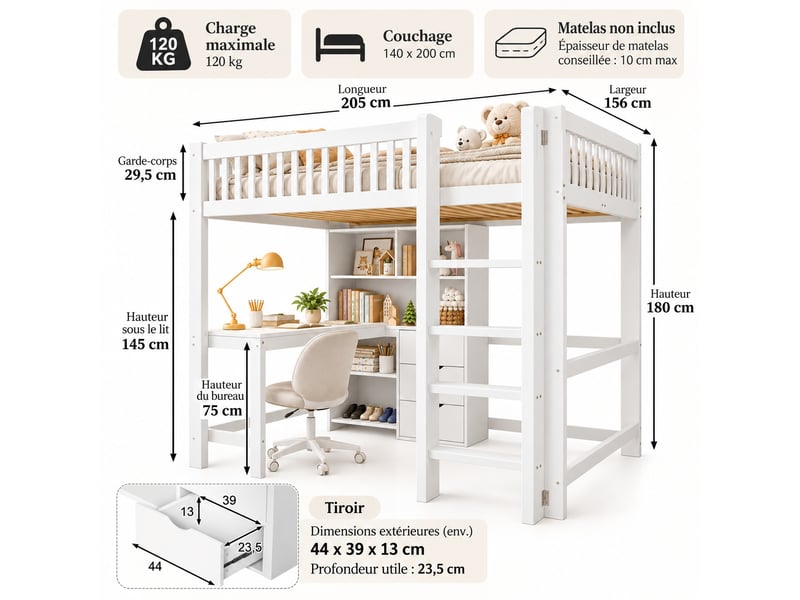 Lit mezzanine enfant 140 x 200 cm en bois avec bureau, nombreux rangements, 3 tiroirs et échelle, gain de place, blanc - Conforama C
