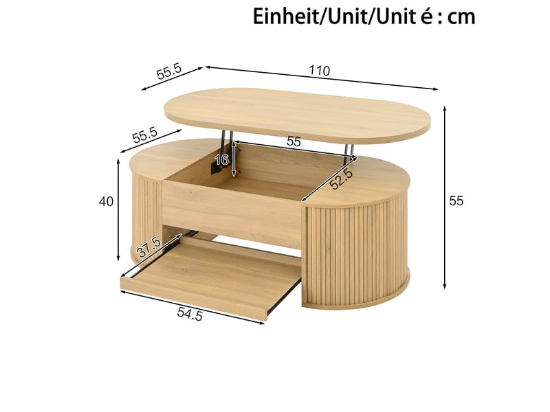  Table basse relevable 110x55.5x40 cm, plateau réglable en mdf coloris naturel  - Conforama E