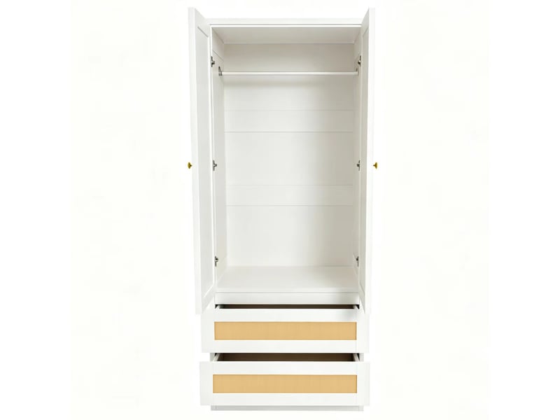 Armoire avec 2 portes, 2 tiroirs et grand compartiment, portes effet rotin, pour chambre, blanche, 70 × 55 × 170 cm - Conforama E