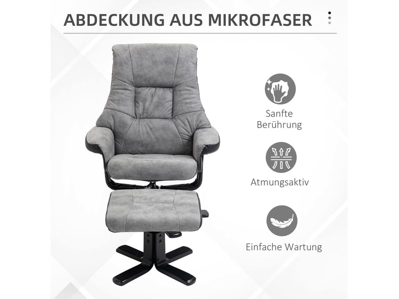  Fauteuil relax pivotant à 360° avec dossier inclinable à 135° et pouf repose-pieds en microfibre grise  - Conforama E