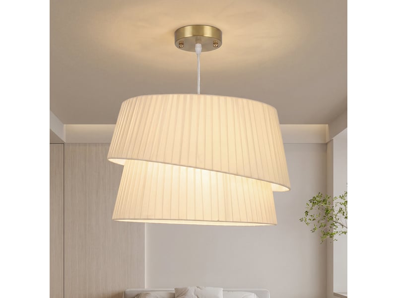  Suspension élégante à double abat-jour, rosace de plafond dorée, câble réglable, ampoule non incluse (e14 40w), blanche  - Conforama C