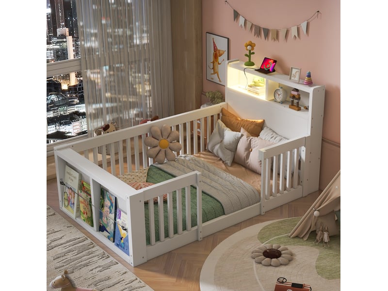  Lit enfant 90 × 190 cm avec barrières hautes, port usb, veilleuse et rangement au pied, blanc 208 × 95 × 75 cm  - Conforama D