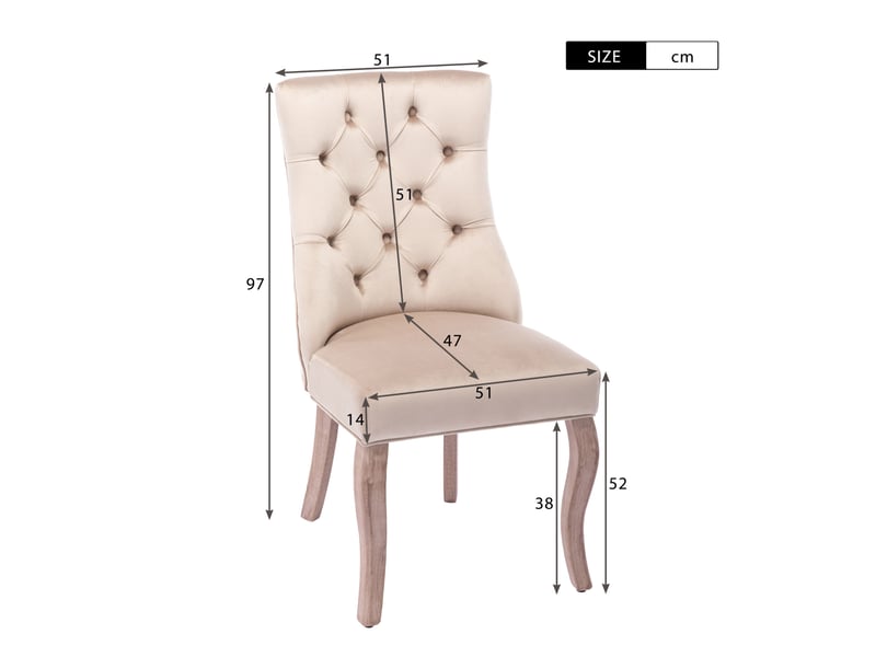  Lot de 4 chaises salle à manger 51x47x97 cm en velours beige, dossier élevé capitonné à boutons  - Conforama C