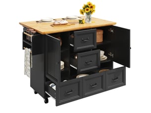 Îlot de cuisine 140x45(73)x93 cm, 5 tiroirs, 2 portes, roulettes, plateau pliable, pour cuisine, en mdf, bois et noir