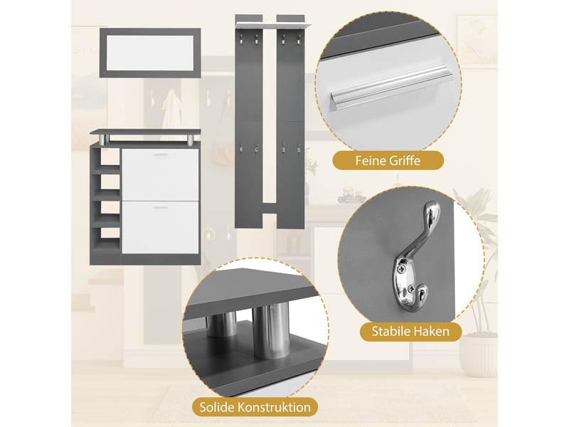  Meuble à chaussures 80x25x96,5 cm avec miroir, ensemble vestiaire entrée moderne gris mat, panneau mural et porte-manteaux  - Conforama E