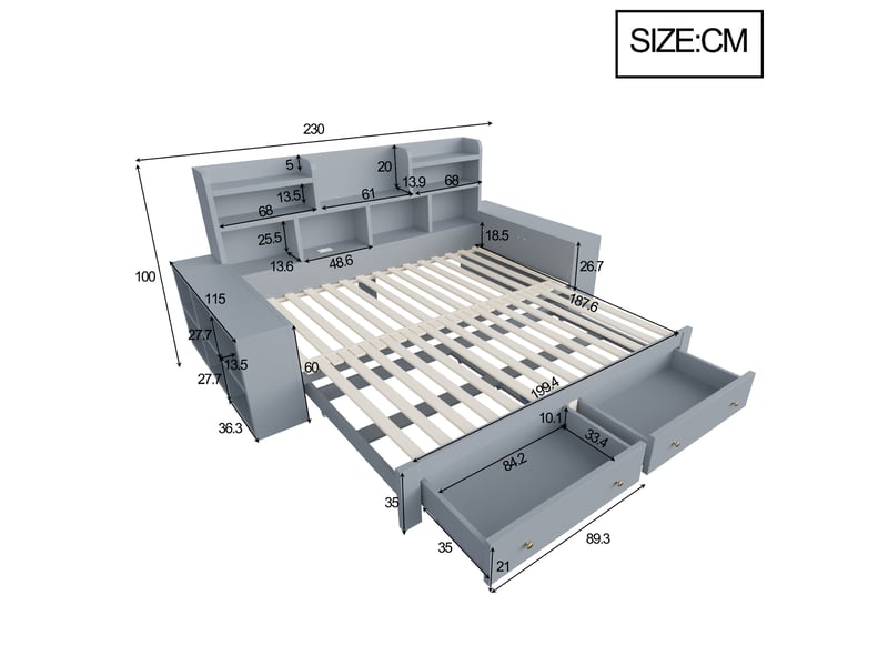  Lit gigogne 1 à 2 places 90×200 cm extensible 180×200 cm, tiroirs - okmyhome- led, prises et rangements, sans matelas, gris  - Conforama D