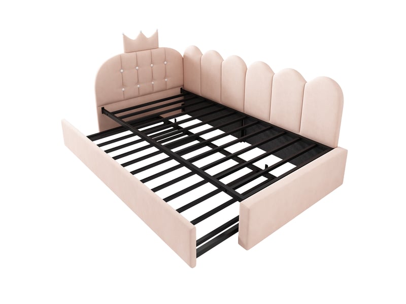  Canapé-lit de 90 × 200 cm, avec lit coulissant pouvant se transformer en lit d'appoint simple de 90 × 190 cm, forme en l, velours, rose  - Conforama R