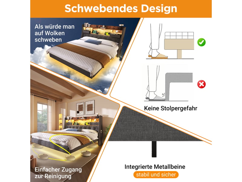 Lit double, lit 2 personnes 160x200 cm, rangement intégré, tête de lit avec rangement, led, usbusb-c, matelas inclus, lin gris  - Conforama R
