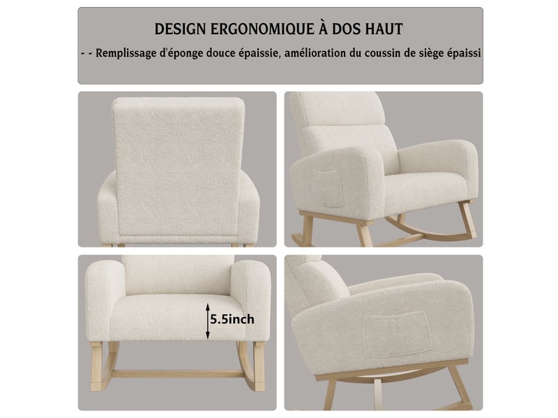 Fauteuil à bascule, fauteuil inclinable avec accoudoirs, fauteuil d'allaitement rembourré avec poches latérales, fauteuil, fauteuil relax pour salon, chambre, chambre d'enfant, balcon, laine d'agneau, beige - Conforama D