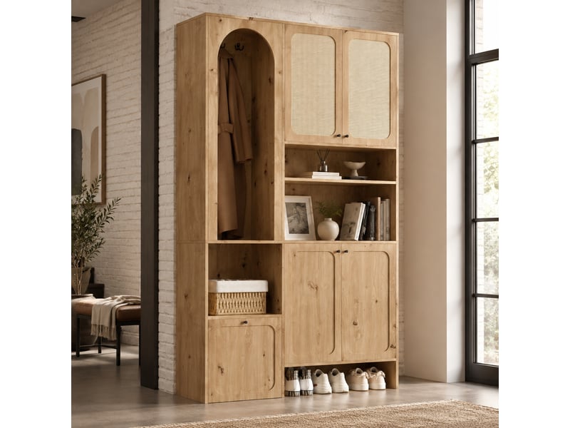 Meuble d'entrée 120 x 35 x 200 cm avec portes décor rotin, 4 portes, abattant, crochets et niches, naturel  - Conforama B