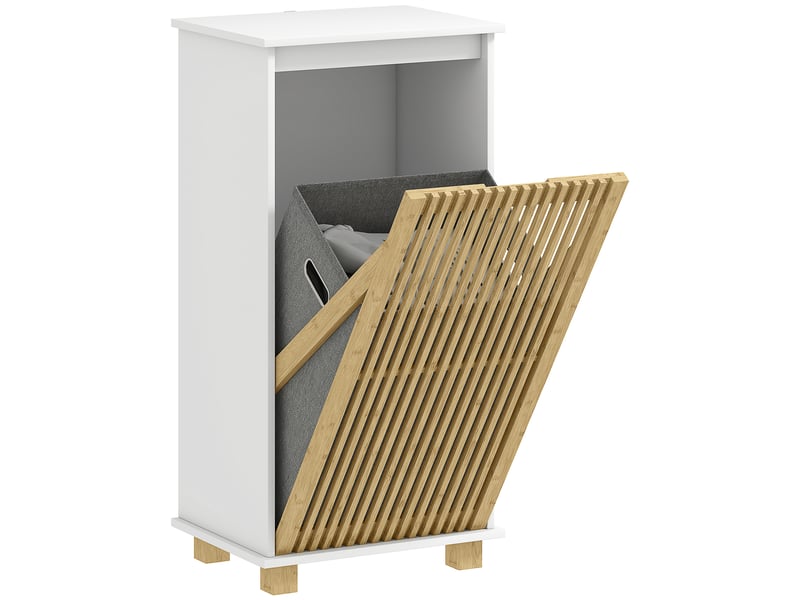  Meuble salle de bain avec panier à linge, porte à lattes en bambou et sac amovible, blanc et effet bois naturel  - Conforama A