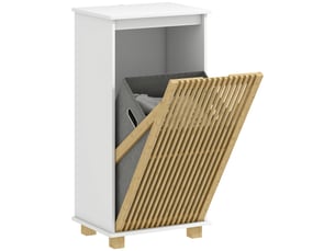 Meuble salle de bain avec panier à linge, porte à lattes en bambou et sac amovible, blanc et effet bois naturel