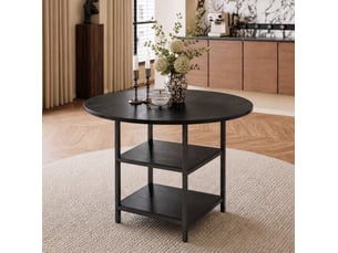 Table à manger ronde 2 à 4 personnes avec double étagère de rangement - mdf et métal noir 107 × 75 cm