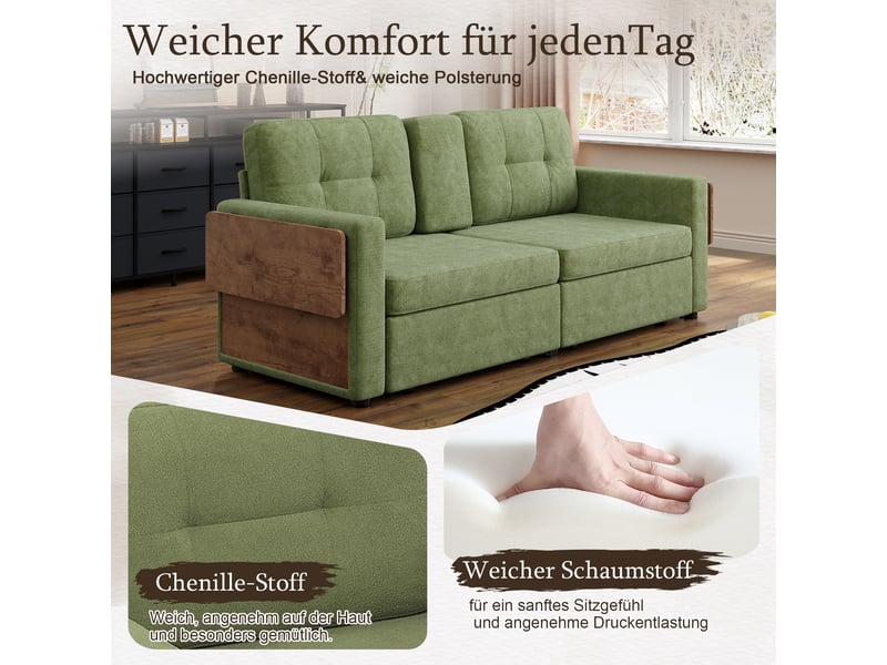 Canapé 2 places en chenille avec rangement intégré, table d’appoint réglable, porte-gobelets et espace de travail - vert - Conforama E