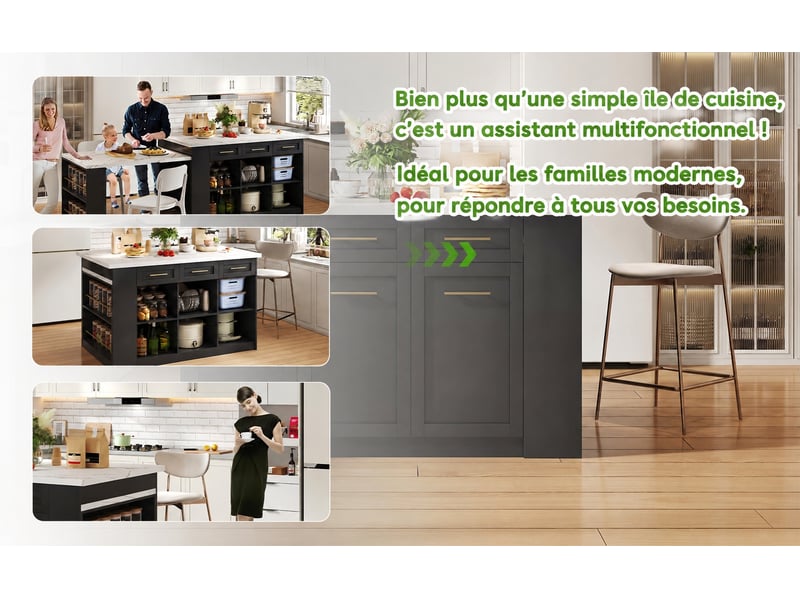  Îlot de cuisine avec table escamotable muvano, noir et effet marbre blanc, 150 × 90 × 90 cm  - Conforama C