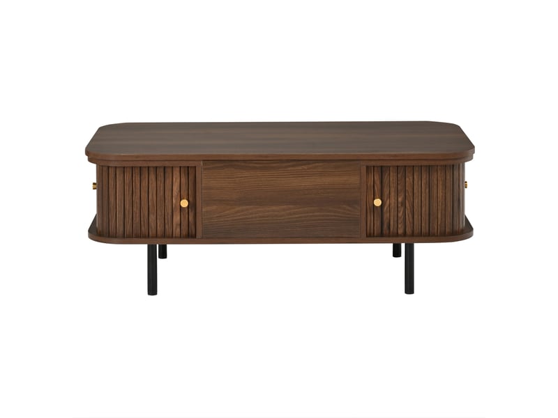  Table basse relevable avec rangement 101 x 51 x 52,5 cm, 2 portes à rideau, mdf finition noyer, pieds en métal noir  - Conforama E