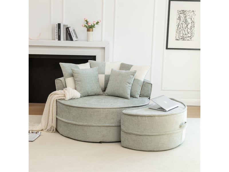  Canapé rond avec 5 coussins et repose-pieds - 163x121x66cm - fauteuil lounge en chenille douce sans structure - vert menthe  - Conforama B