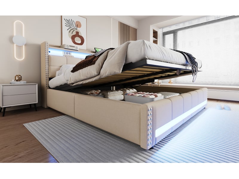Lit 2 personnes 180x200 cm en lin, tête de lit avec étagères et espace de rangement, beige, lit double avec éclairage led et usb - Conforama W