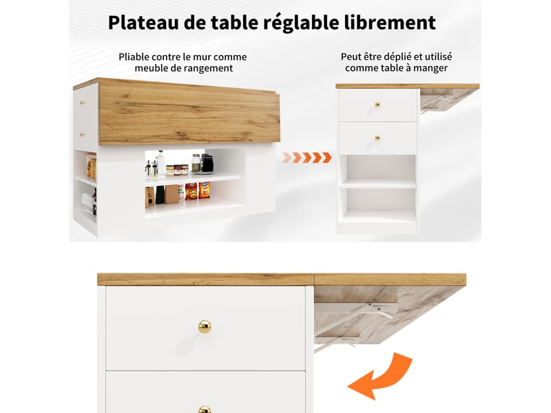  Îlot de cuisine rangement 140x40-70x90cm design moderne et élégant tiroirs plateau rabattable mdf et métal, blanc  - Conforama E