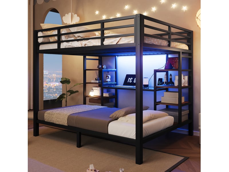 Lit superposé 140 × 200 cm et 90 × 200 cm avec étagères ouvertes, led et prises intégrées pour chambre à coucher - Conforama D