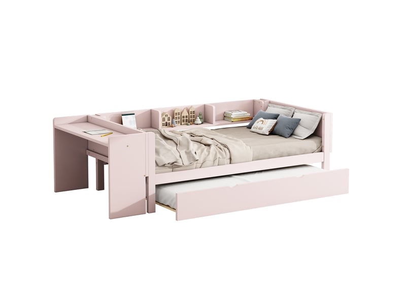  Lit enfant rose 90x200 avec bureau intégré et lit gigogne avec lit d'appoint  - Conforama A