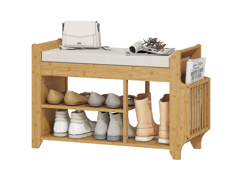  Banc à chaussures avec assise rembourrée, rangement latéral, porte-bottes, structure en bambou, 80 x 30 x 50 cm, naturel  - Conforama A
